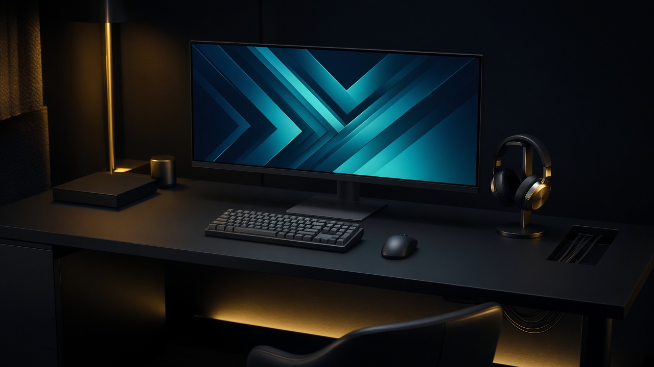 Setup de compétition avec écran large, clavier et casque